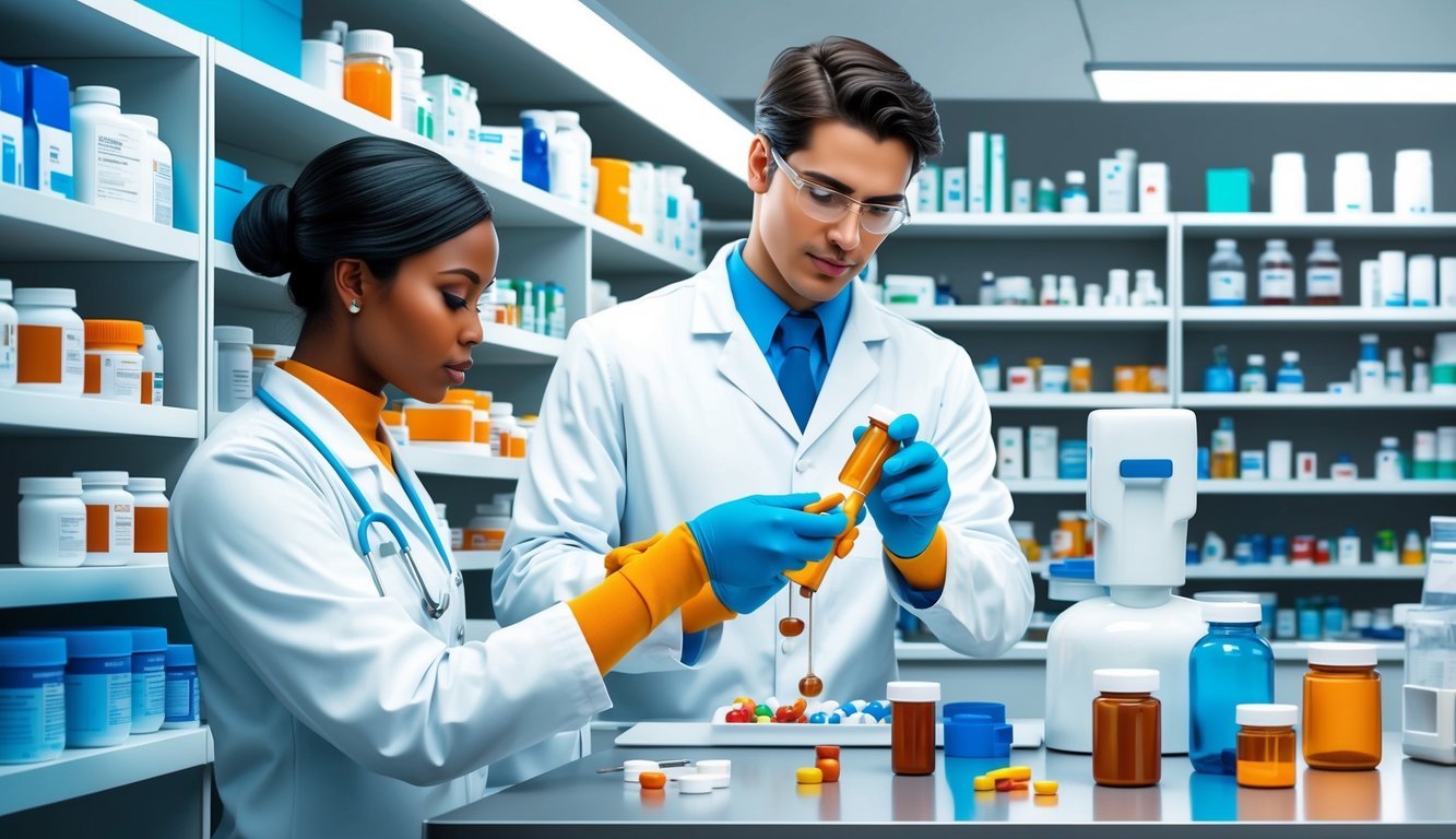 A pharmacist carefully measuring and compounding medications in a clean, well-lit pharmacy