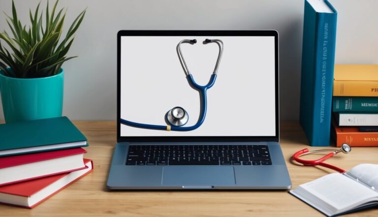 Laptop with stethoscope on screen, books, and a plant on a desk