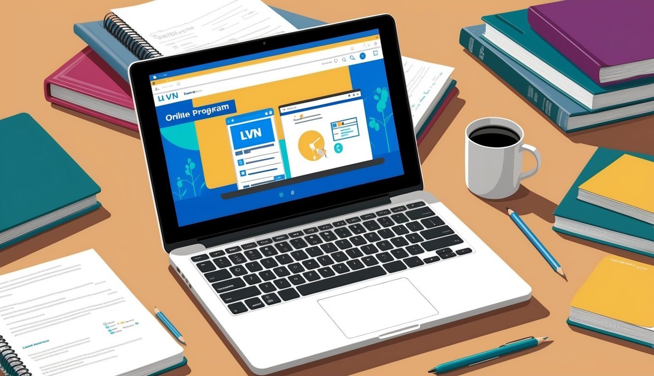 A laptop with an open browser displaying an online LVN program, surrounded by textbooks and notes