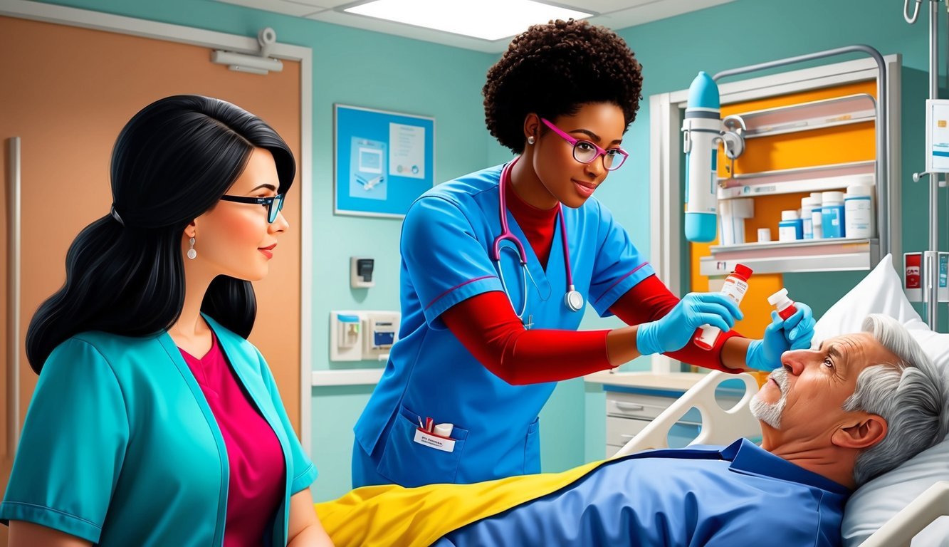 A student in scrubs observes a nurse administering medication to a patient in a hospital setting