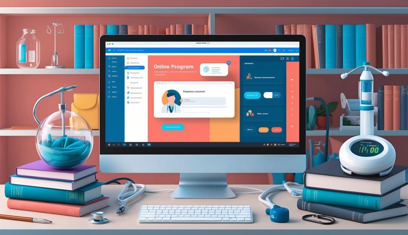 A computer with an online program interface open, surrounded by books and medical equipment