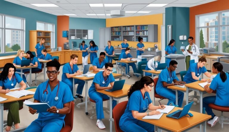 Nursing students in a classroom studying, some with laptops and books