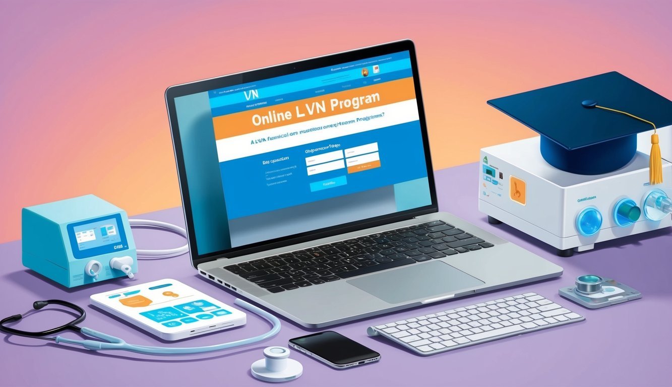 A laptop with an online LVN program website open, surrounded by medical equipment and a graduation cap
