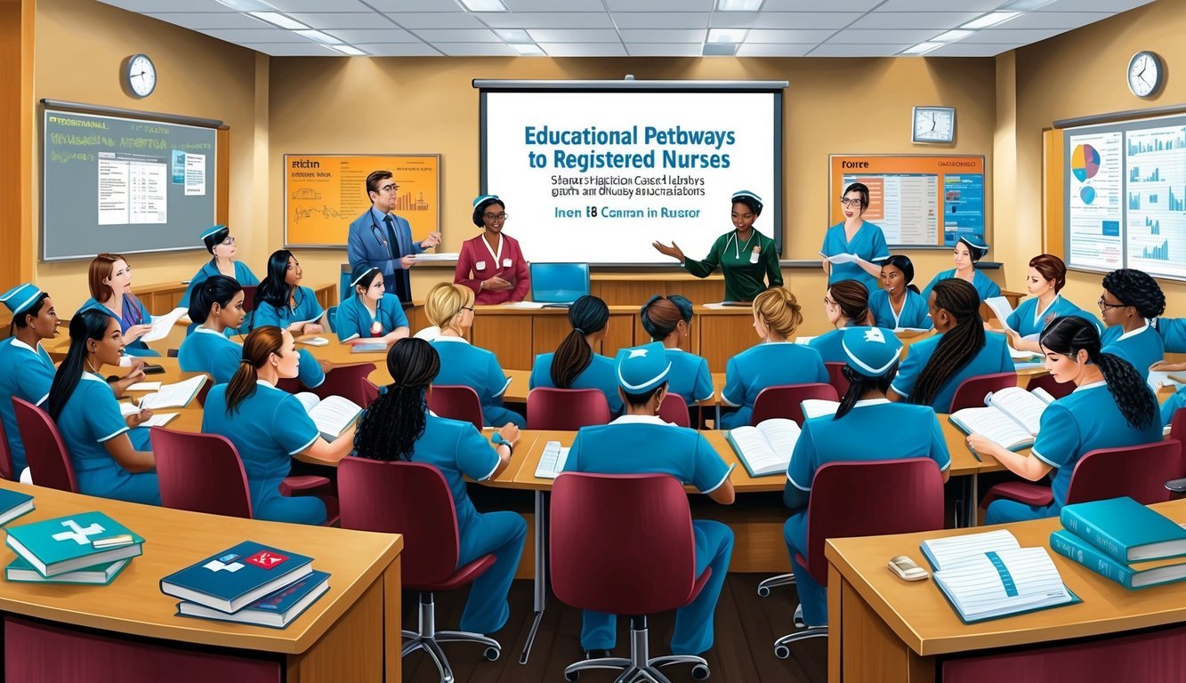 A group of nursing students gather in a lecture hall, surrounded by textbooks, medical equipment, and charts, while an instructor leads a discussion on educational pathways for registered nurses