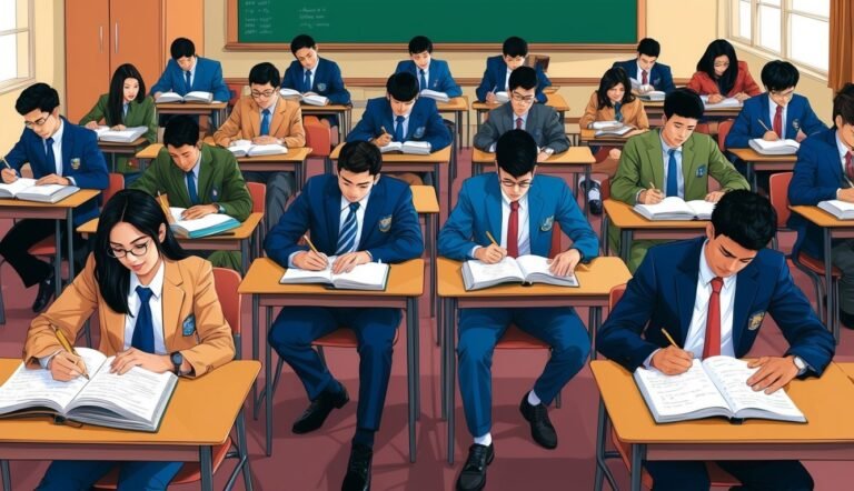 Students in uniforms writing at desks in a classroom, with a chalkboard