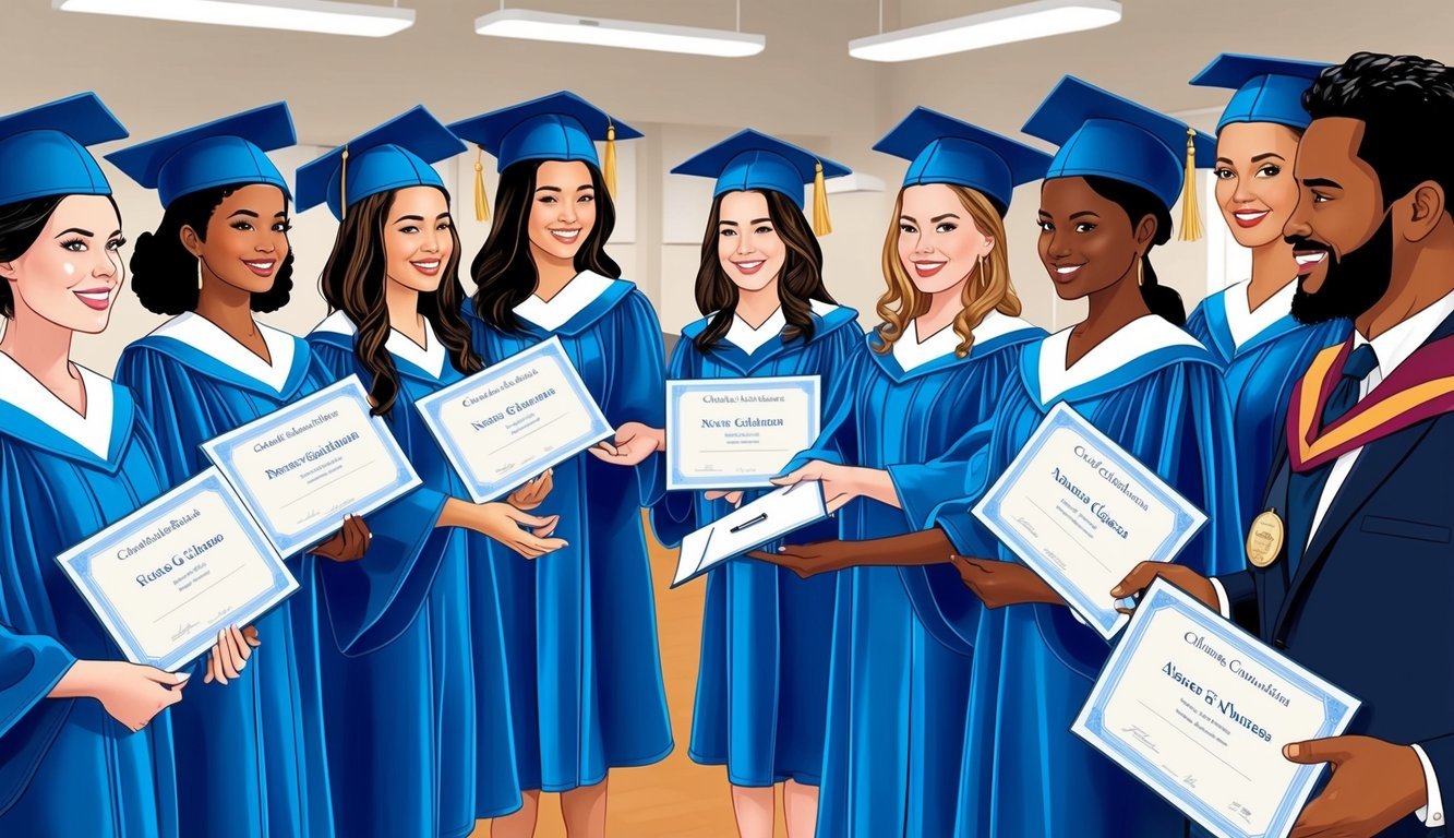 A group of nurses in graduation gowns receiving certificates from a college official