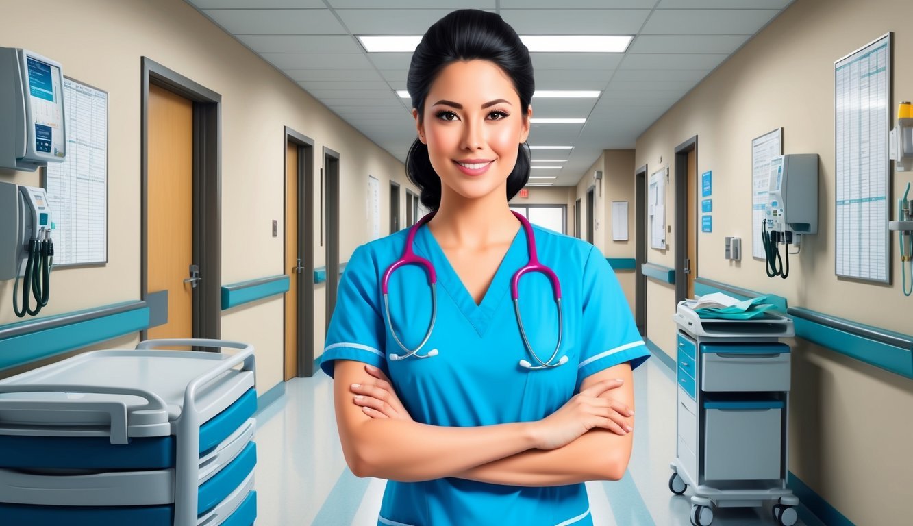 A nurse in scrubs with a stethoscope around their neck, standing in a hospital hallway with various medical equipment and charts on the walls
