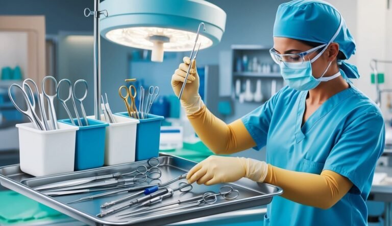 Surgeon in scrubs and mask selects surgical tool from tray