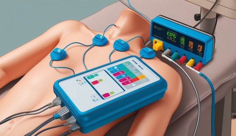 Medical equipment connected to a patient's chest, monitoring vital signs