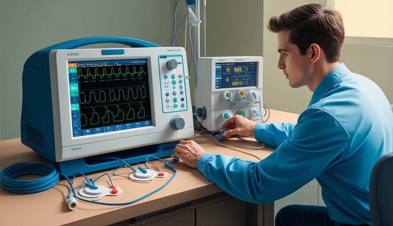 A technician setting up EKG machine with electrodes and monitor