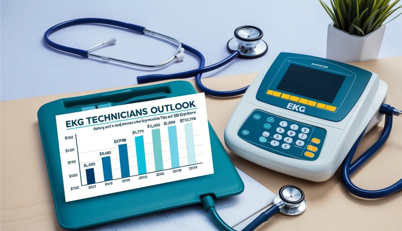 A stethoscope and an EKG machine on a desk with a chart showing salary and employment outlook for EKG technicians