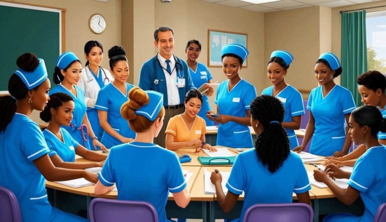 Group of nurses and a doctor in a meeting around a table