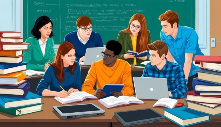 Group of students studying together at a table with books and laptops