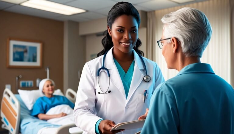 Smiling Black doctor in white coat talking to patient in hospital room