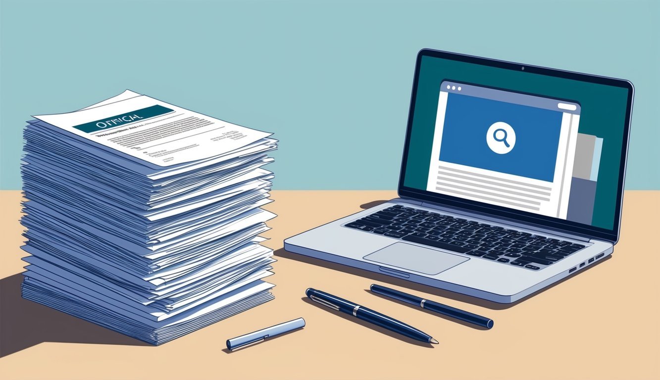 A stack of official documents and forms, a laptop with open web browser, and a pen on a desk