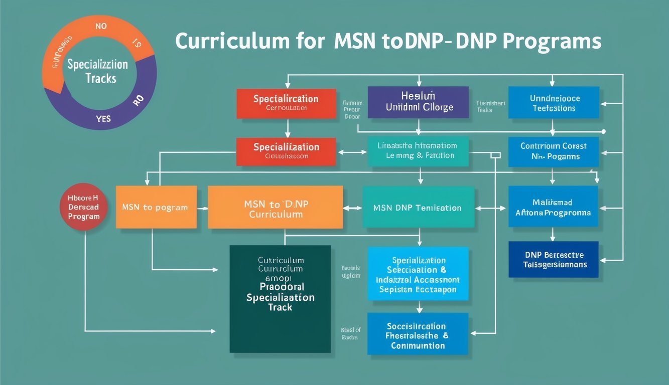 A flowchart showing various curriculum and specialization tracks for MSN to DNP programs
