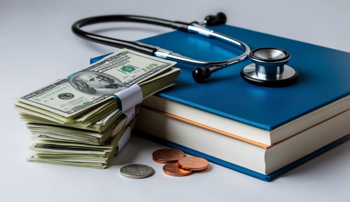 A stack of dollar bills and coins next to a stethoscope and a book on advanced nursing practice
