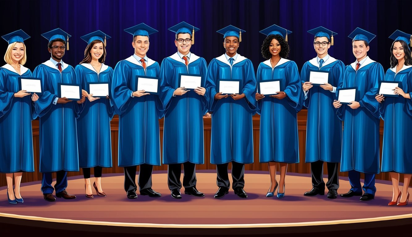 A group of professionals in graduation gowns receiving their DNP degrees on stage