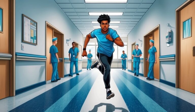 A man runs down a hospital hallway, surrounded by medical staff