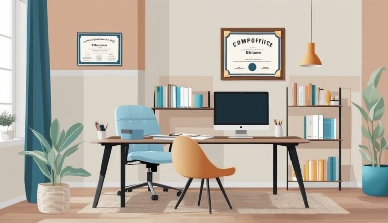 Cozy home office with desk, computer, two chairs, bookshelves, and plants