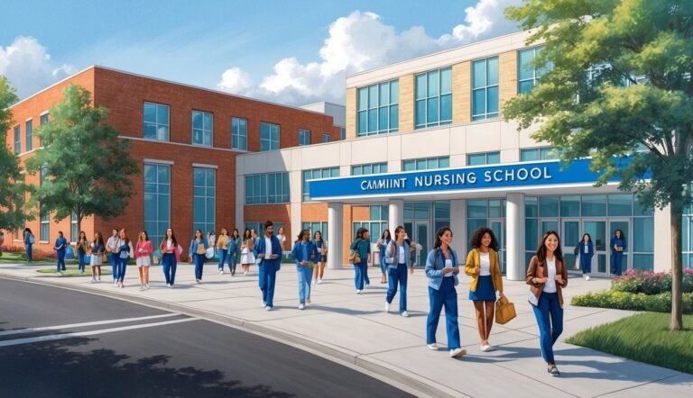 Students walking towards the "CAMMIINT NURSING SCHOOL" building on a sunny day