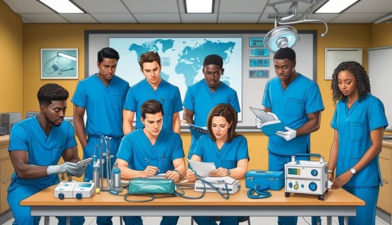 Medical team in blue scrubs reviewing documents and equipment