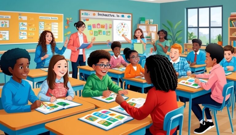 Classroom scene with students and teachers, learning and smiling