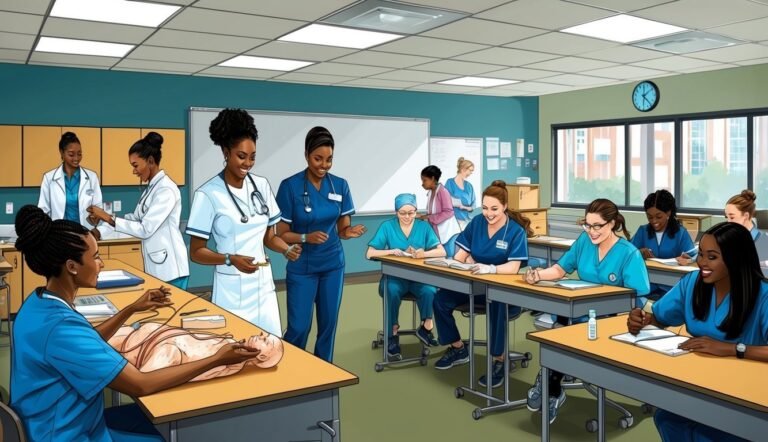 Nursing students in a classroom, learning with a medical dummy