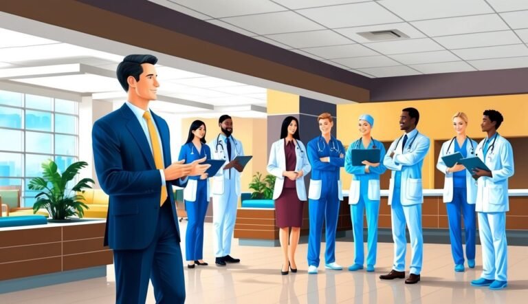 A man in a suit addresses a group of medical professionals