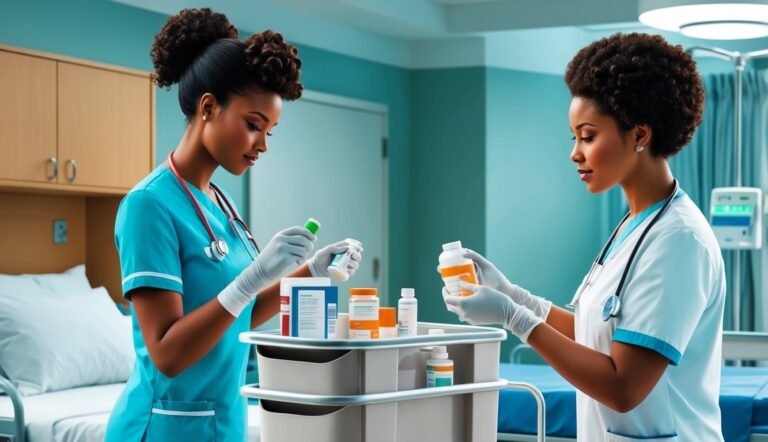 Two nurses in scrubs examining medication bottles in a hospital room