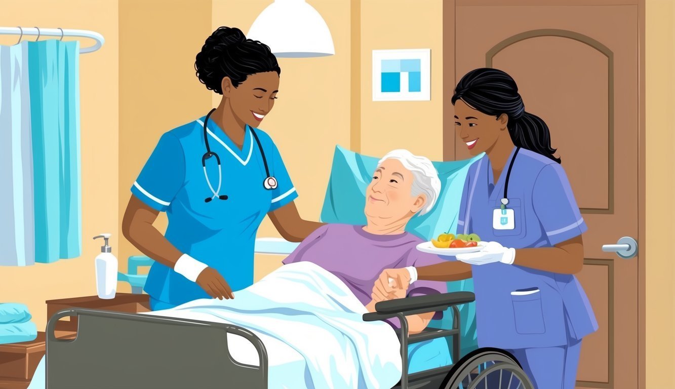 Two nurses assist an elderly patient in a hospital bed with food