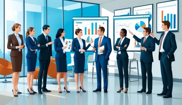 Business team in suits discussing charts and graphs in a modern office