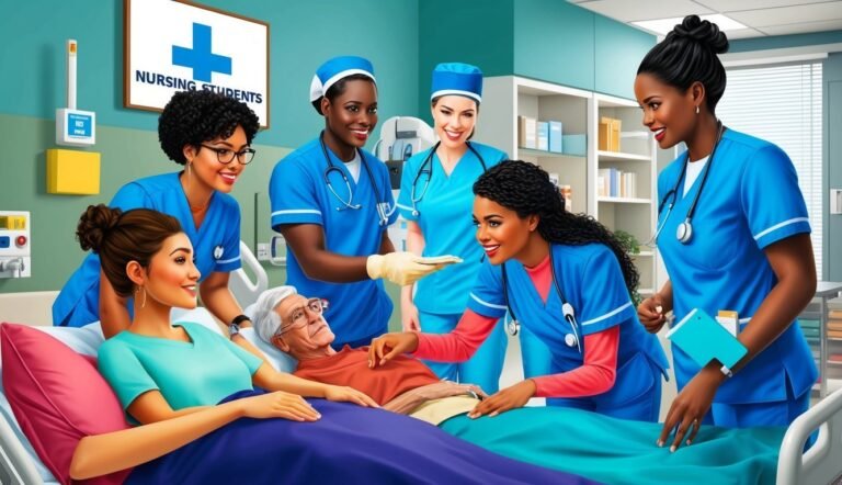 Nursing students attending to patients in a hospital room
