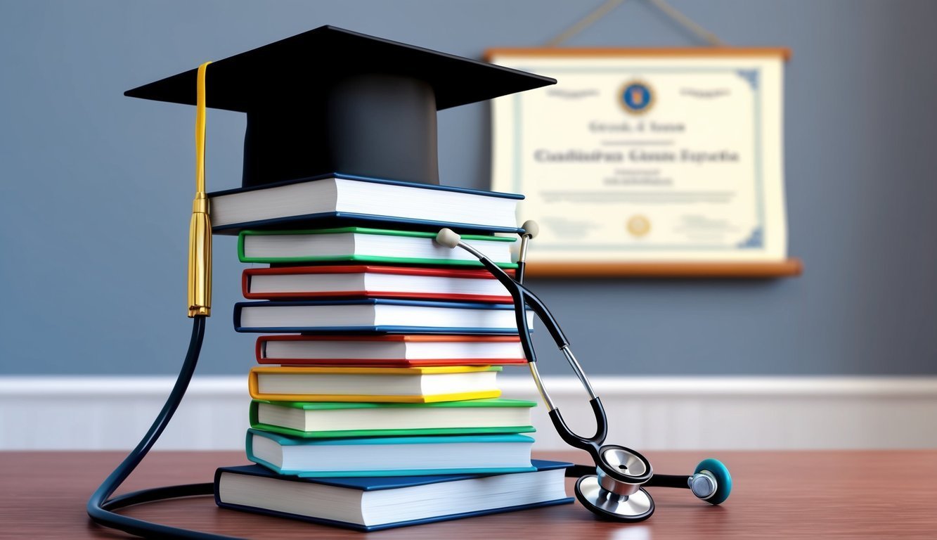 Graduation cap on books with stethoscope and diploma in the background