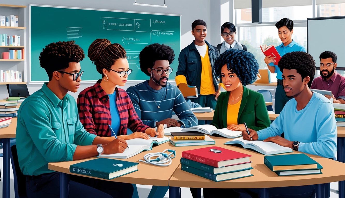 A group of diverse students studying in a modern classroom setting with textbooks and medical equipment scattered around