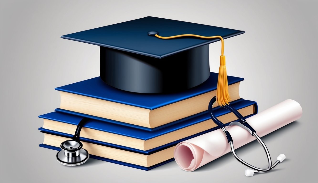 A graduation cap on top of a stack of books, with a stethoscope and a diploma next to it