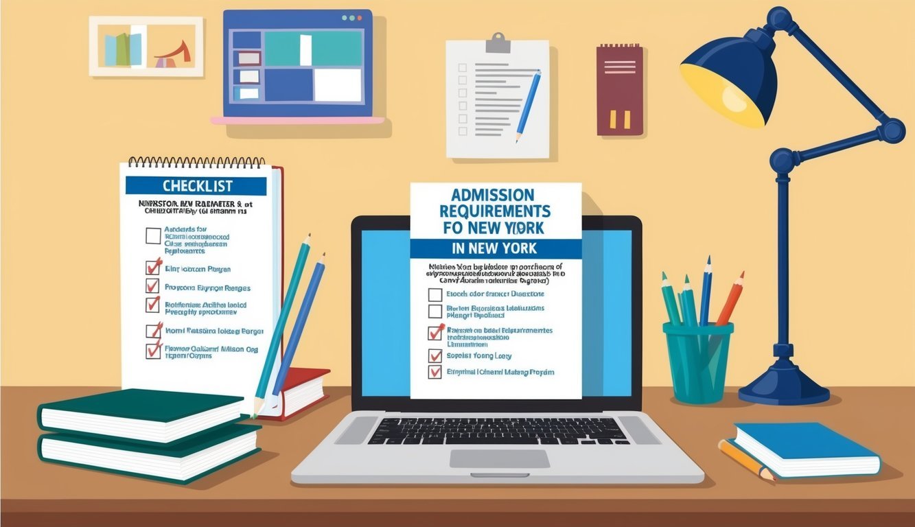 A desk with a laptop, textbooks, and a checklist of admission requirements for nursing programs in New York