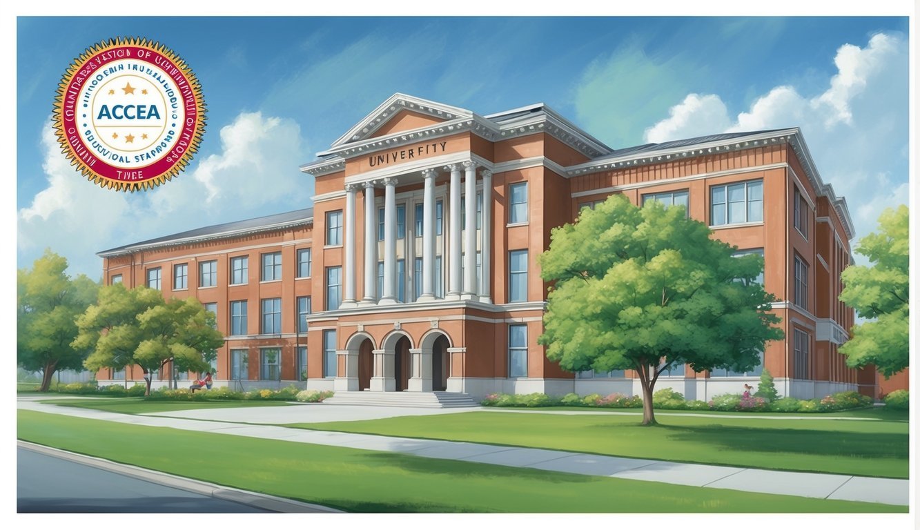 A university building with a prominent accreditation seal and a list of educational standards