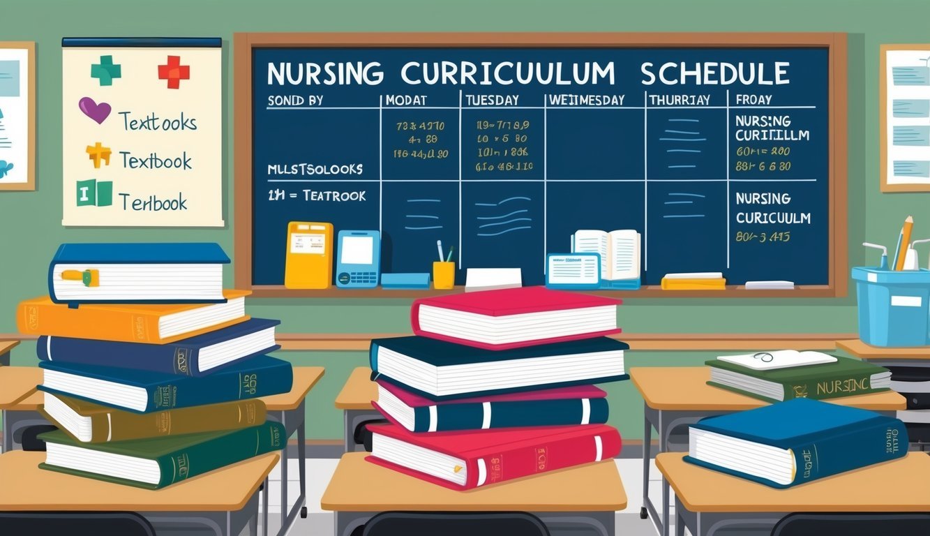 A classroom setting with textbooks, medical equipment, and a whiteboard displaying a nursing curriculum schedule