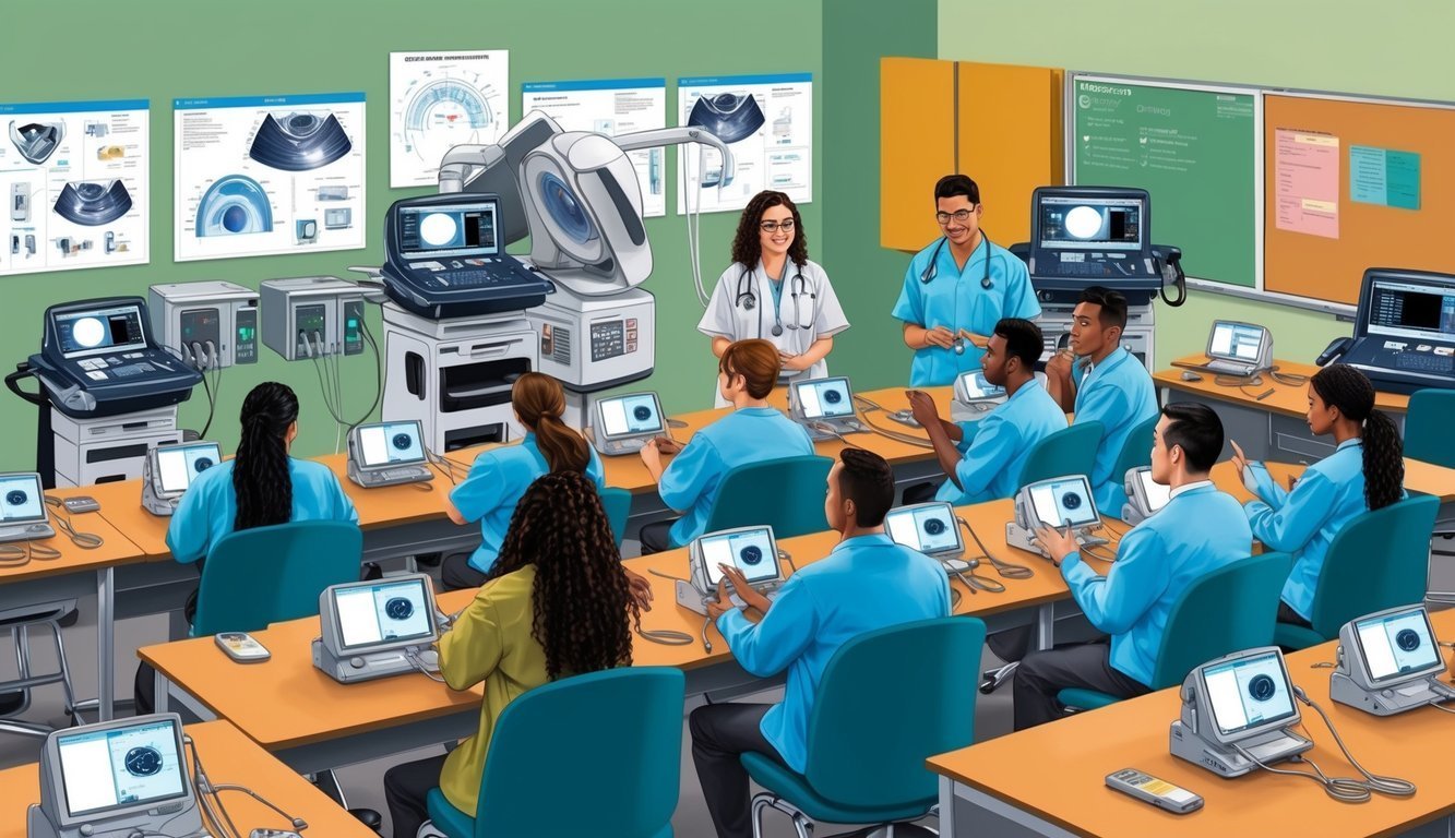 Medical students learning ultrasound techniques in a classroom setting