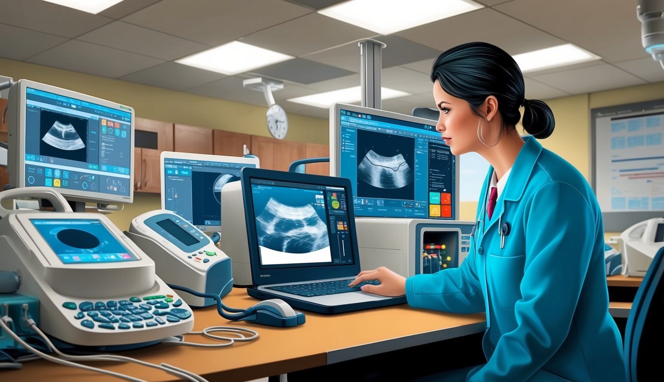A sonography student in a classroom, surrounded by ultrasound machines and medical equipment, studying images on a computer screen