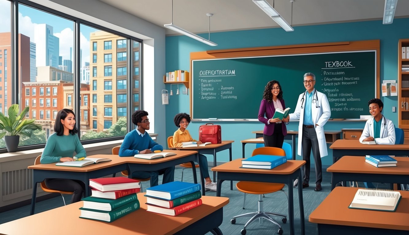 A classroom with students and a teacher, textbooks and medical equipment, set in a bustling city with affordable housing options nearby