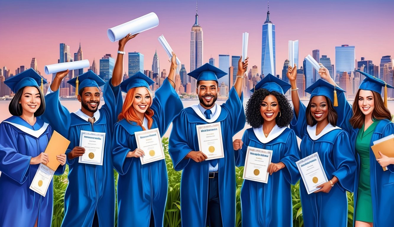 A group of graduates celebrate with diplomas and nursing license in hand, surrounded by a backdrop of New York City skyline