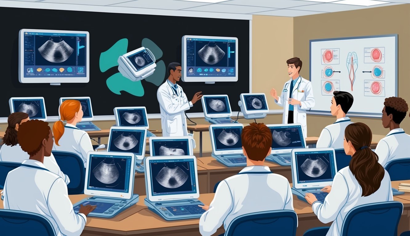 A classroom filled with ultrasound machines and medical diagrams.</p><p>An instructor demonstrates to a group of students wearing lab coats