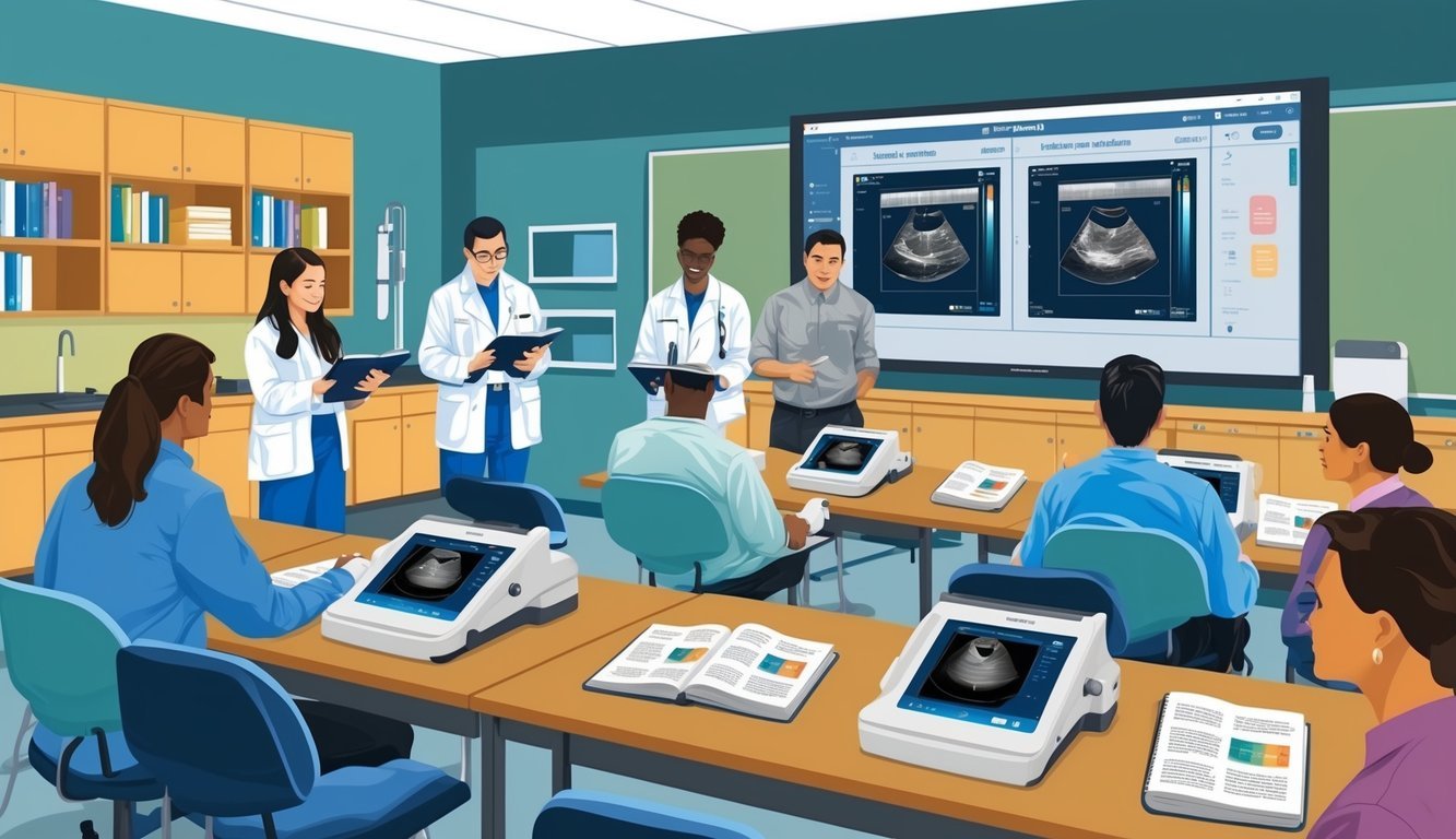 A classroom with ultrasound machines, textbooks, and instructors.</p><p>Students are practicing on simulation models