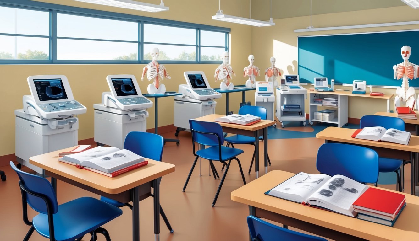 A classroom filled with ultrasound machines, textbooks, and anatomical models.</p><p>Bright, natural lighting illuminates the space