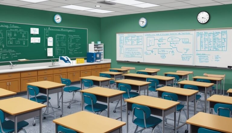 Empty classroom with desks, green walls, and multiple whiteboards with diagrams