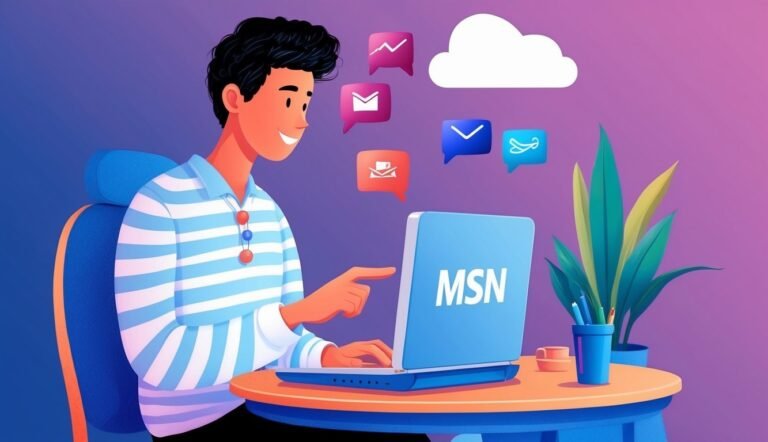 Man using MSN on a laptop, with message bubbles and a plant