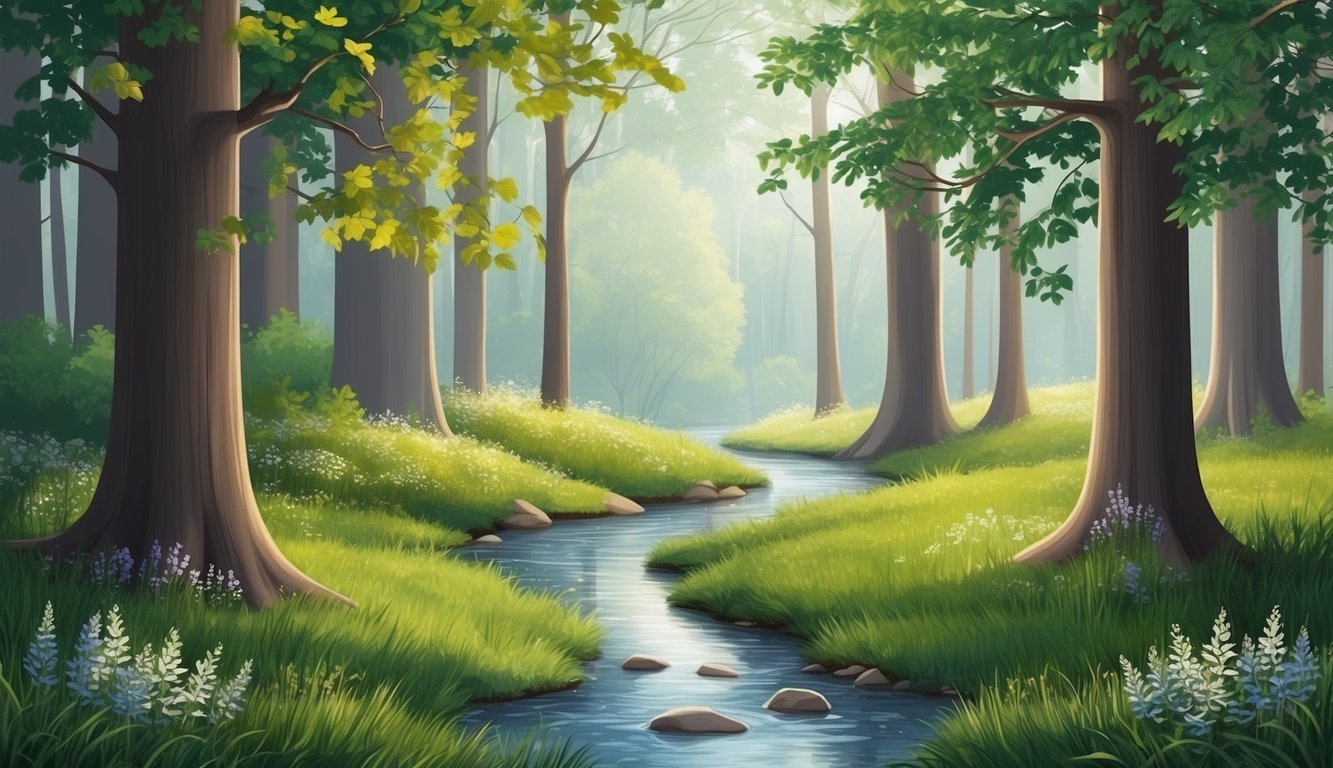 Forest scene with a stream, tall trees, and lush green grass