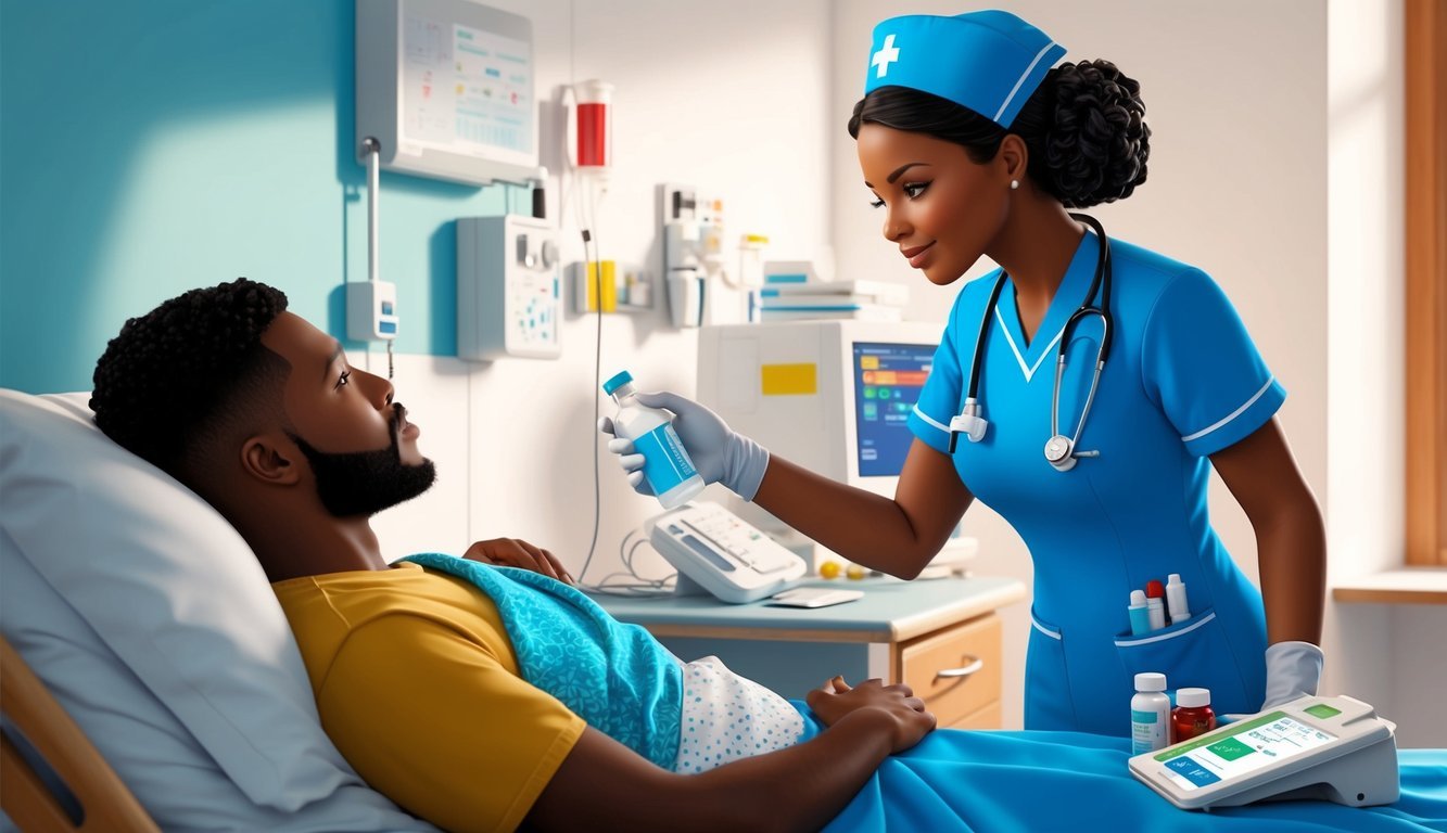 A nurse with an MSN administers medication to a patient, while monitoring vital signs and updating electronic health records